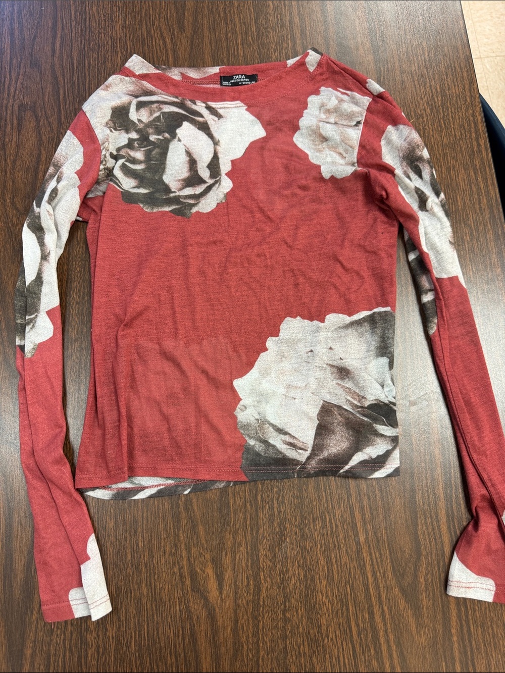 Zara Rust Red Long-Sleeve Floral Print Top